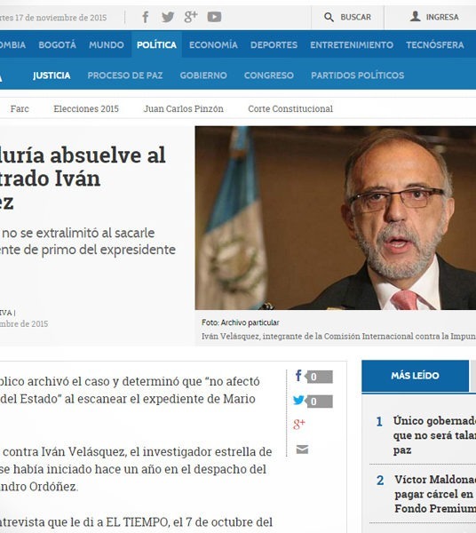 El Tiempo destaca decisión del MP de Colombia de archivar denuncia contra Iván Velásquez