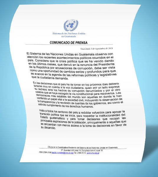 Comunicado de prensa de ONU Guatemala sobre situación política del país