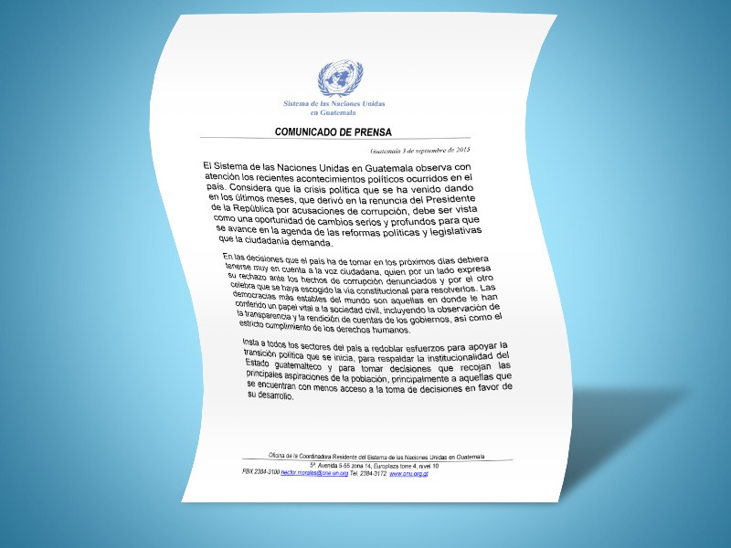 Comunicado de prensa de ONU Guatemala sobre situación política del país